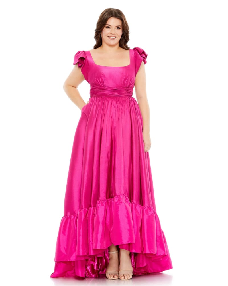 Front of a model wearing a size 12W Flutter Sleeve A Line High Low Ruffle Hem Gown in Magenta by Mac Duggal. | dia_product_style_image_id:290064